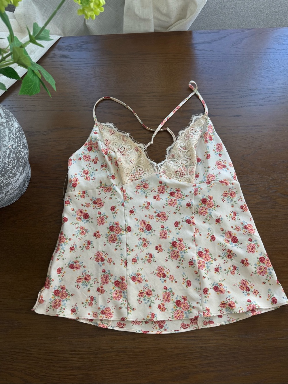 Guess Floral Satin Lace Cami - Cream with Pink and Red Roses